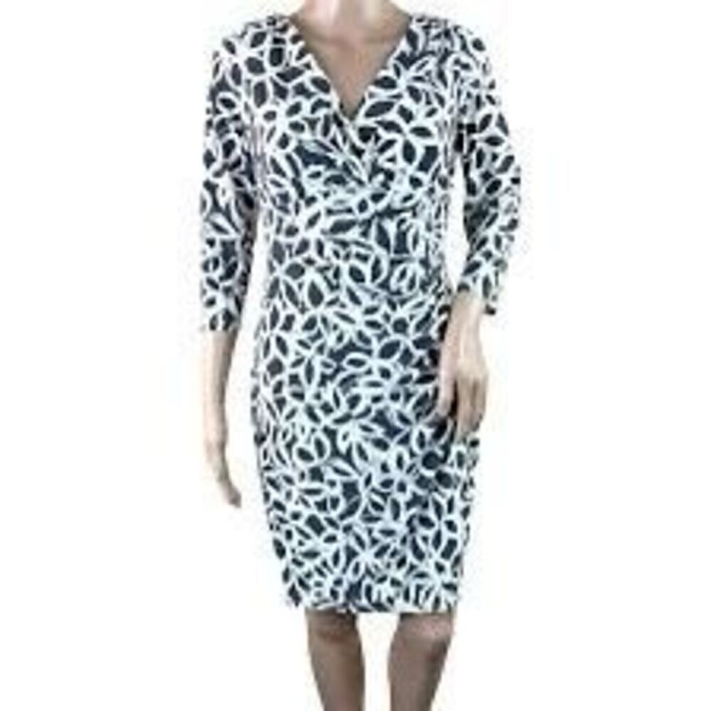 Lauren Ralph Lauren 6 Surplice Sheath Dress Black White Abstract Floral Fitted